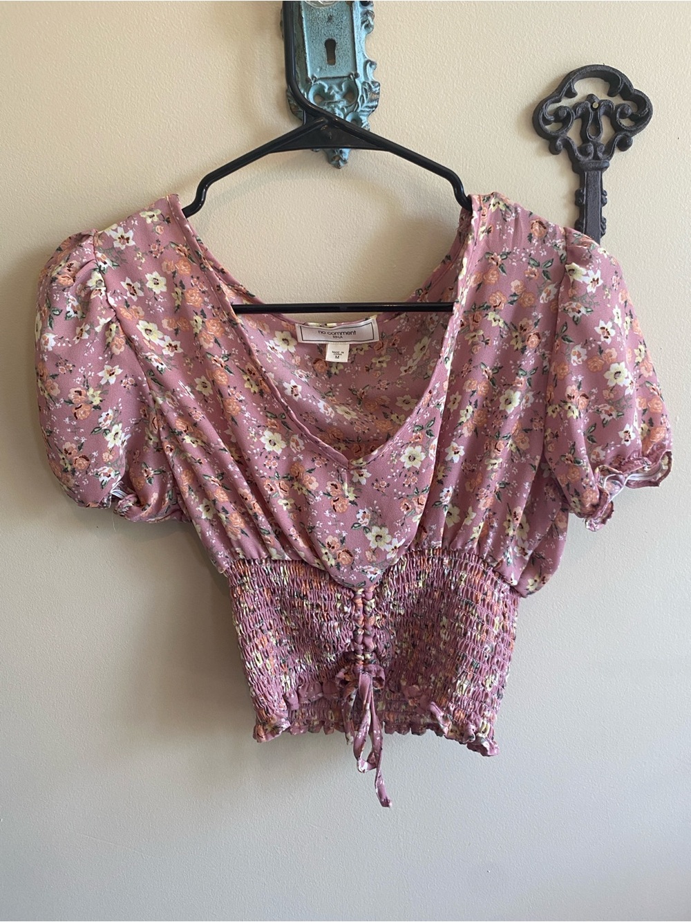 Dusty Rose Floral Smocked Crop Top with Puff Sleeves